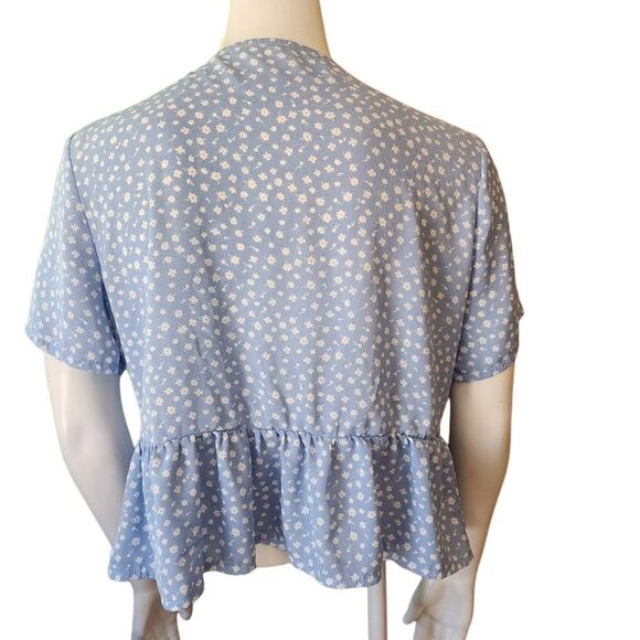 Romwe Blue & White Floral Ditzy Tie Front Peplum Top (L) - Picture 5 of 7